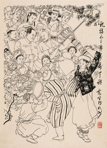 李震坚（1921～1992） 白描人物 立轴 水墨纸本