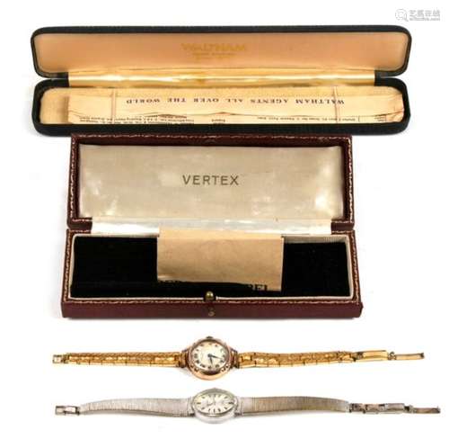 A ladies 9ct gold wristwatch, the mother of pearl dial having Arabic numerals; together with a