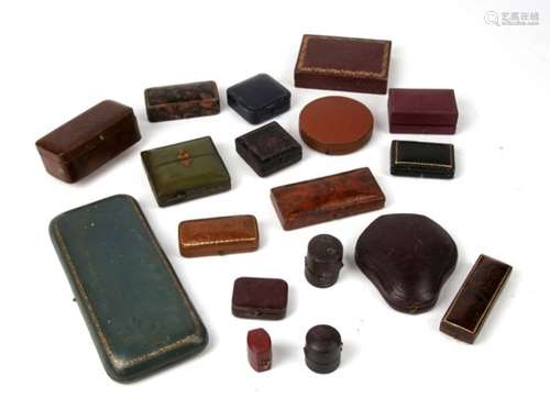 Eighteen Victorian and other leather jewellery boxes including rings, watches, necklaces etc