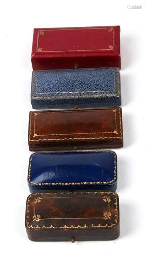 Five quality vintage leather cufflink boxes, with examples of Harrods and Geives