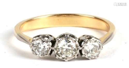 A three stone diamond ring approximately total of 0.75ct. Shank unmarked but tests as 18ct gold