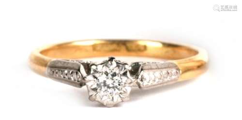 An early 20th century 18ct gold, platinum and diamond solitaire ring, 2.2g. Approx. UK size K.