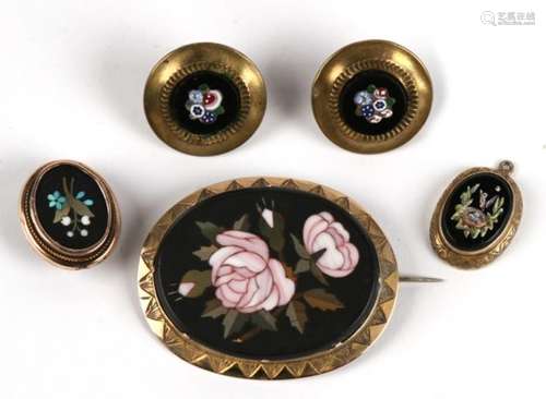 A yellow metal mounted pietra dura brooch & button, together with micromosaic buttons and enamel