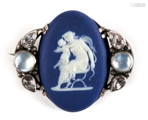 A late 19th century Indian silver mounted Wedgwood jasperware brooch set with moonstones and