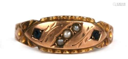 A 9ct gold sapphire and pearl gypsy style ring, approx UK size 'M'.