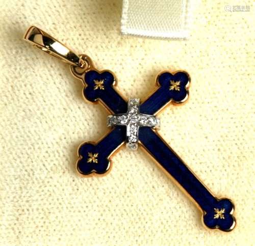 A Faberge 18ct gold and blue enamel cross set with diamonds, limited edition no.35/1000 in