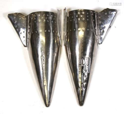 A pair of Steam Punk polished aluminium uplighters made from parts of a Russian MIG, 54cms (21.