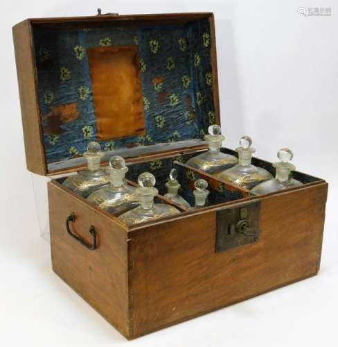 19C English Glass Decanter Wood Box Set