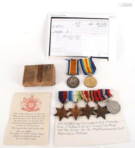 Father and son casualty medal group consisting of a WW1 medal pair named to WR-313883 Sapper J.A.