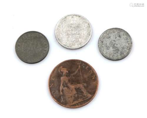 Two WW2 Third Reich coins with Eagle & Swastika, a 1941 Spanish coin and a 1903 Suffragette