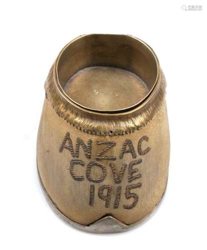 A WW1 Gallipoli Campaign trench art horse hoof ashtray inscribed ANZAC BAY 1915. Height 7.5cms (