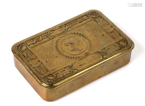 A 1914 Princess Mary Christmas tin with original bullet pencil in cardboard holder. 12.5cm( 5 ins)