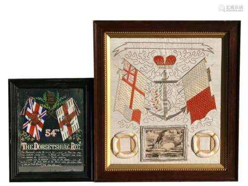 A 54th Dorsetshire Regiment painted mirror, 29 by 38cms (11.5 by 15ins); together with a WWII '