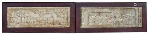 A pair of Buddhist temple sandstone panels, carved in relief with figures, framed. 75 by 25cm ( 29.5