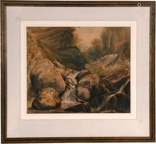 Clarkson Stanfield RA (1793-1862) - rocky waterfall, watercolour , Abbott & Holder label to verso,