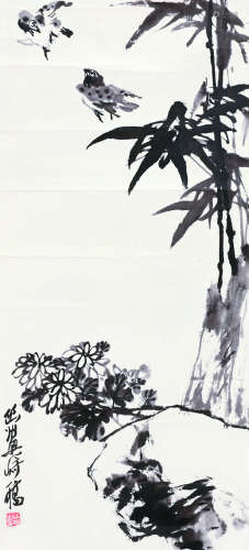 梁崎（1909～1996） 竹雀图 镜片
