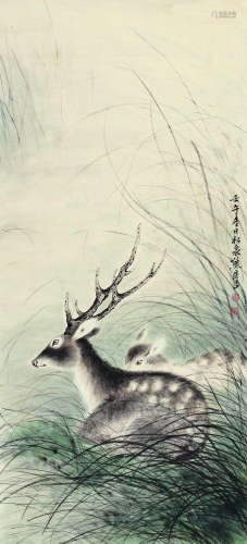熊松泉（1884～1961） 1942年作 双鹿图 立轴