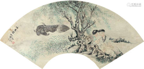 殷树柏（1769～1847） 春江放牛图 扇面 纸本
