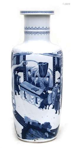 A large Chinese blue & white rouleau vase decorated with figures and a dragon, 48cms (19ins) high.