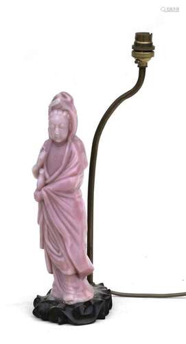 A Chinese pink Peking glass figural table lamp in the form of Guanyin, 33cms (13ins) high.