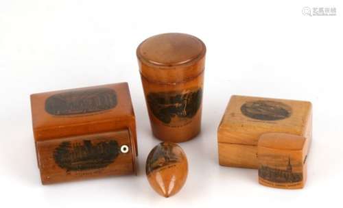 A group of Mauchline Ware items to include ring box, Go to Bed, needle case and stirrup cup (5)