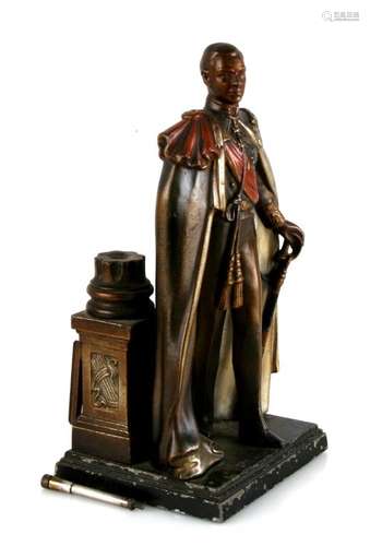 After Franz Bergman, a 20th century cold painted spelter petrol striker table lighter of King George