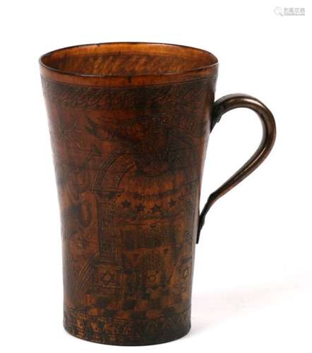 A horn mug with copper handle profusely engraved with Masonic and other symbols, including a