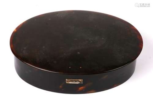 An oval Asprey of London tortoiseshell box, with silver gilt hinge. 18cm (7 ins) wide