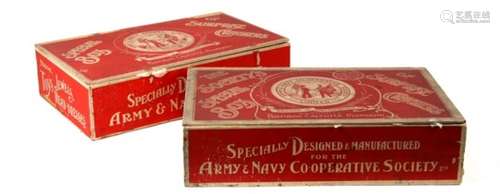 Two early 20th century Army & Navy Stores Christmas cracker boxes, containing vintage Christmas