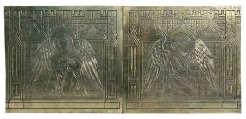 A pair of late 19th century polished bronze panels with scenes of angels within a gothic trellis. 44