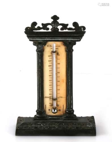 A 19th century Grand Tour style bronze desk top thermometer with ivory gauge. 16cm 6.25ins high.