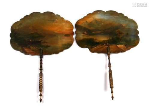 A pair of 19th century hand held face screens, panels painted with figural landscape scenes and