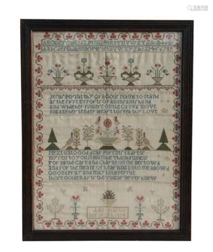 George III needlework sampler, by Ann Martin 1814, with alphabet and number bands, religious