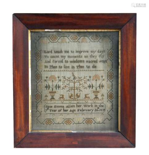 A William IV needlework sampler by Jane Emma Allen, aged 7, 1839, with religious verses and