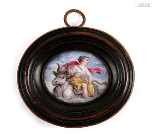 A Grand Tour enamel miniature painting of Europa and the bull, in an oval and fruit wood frame. 7.