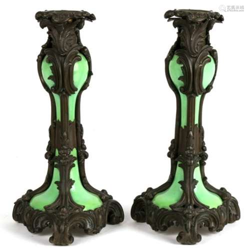 Pair of Rococo pattern bronze and green porcelain candlesticks. 23.5cm 9.75 inches.