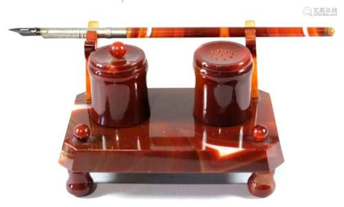 A French carved & polished agate desk stand with dip pen, inkwell & sander circa 1900