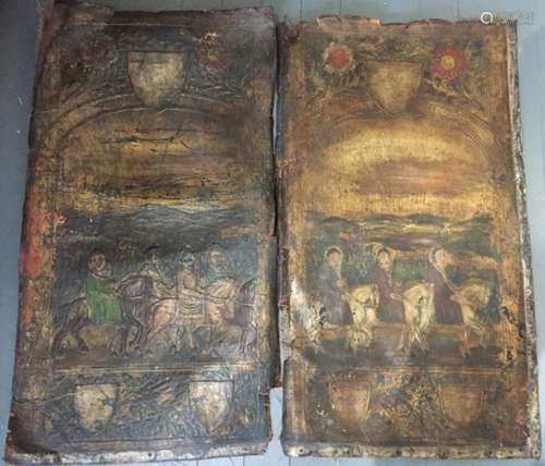 A pair of early embossed & polychromed leather panels depicting religious pilgrims