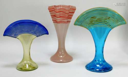 3 Kralik Threaded Bohemian Art Glass Vases