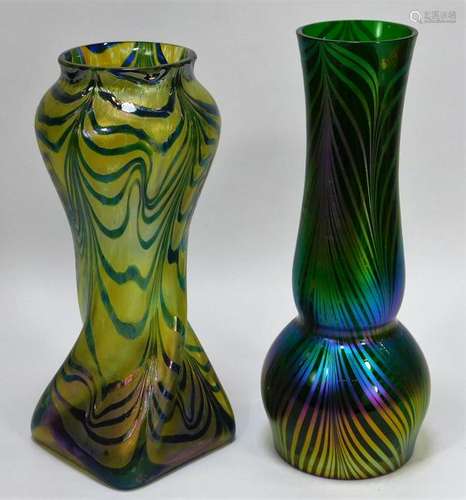 2 Iridescent Oil Spill Bohemian Art Glass Vases