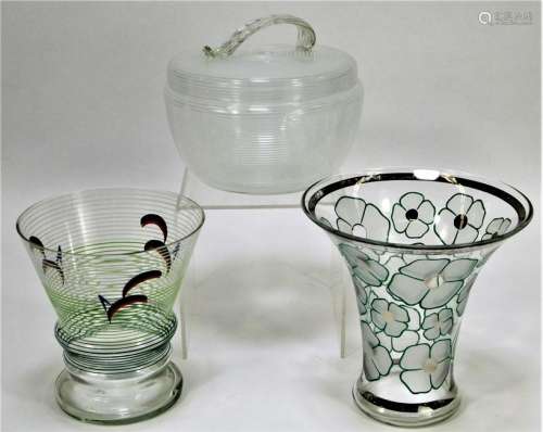 3 Novy Bor Threaded Bohemian Art Glass Vessels