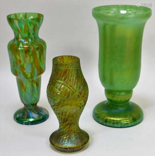 3 Assorted Green Bohemian Art Glass Vases