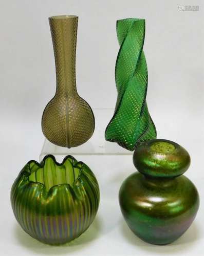 4 Assorted Green Bohemian Art Glass Vases
