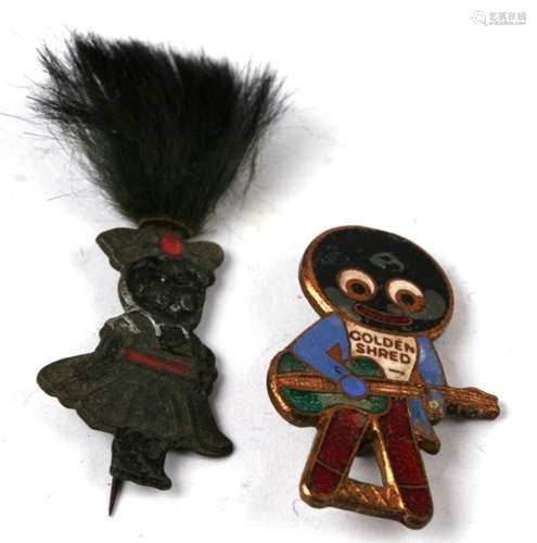 An early 20th century tinplate golly pin badge, attached hair, together with 1970s Robinsons