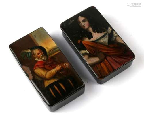 Two 19th century rectangular papier mache snuff boxes, each painted with a full length portrait. 7.