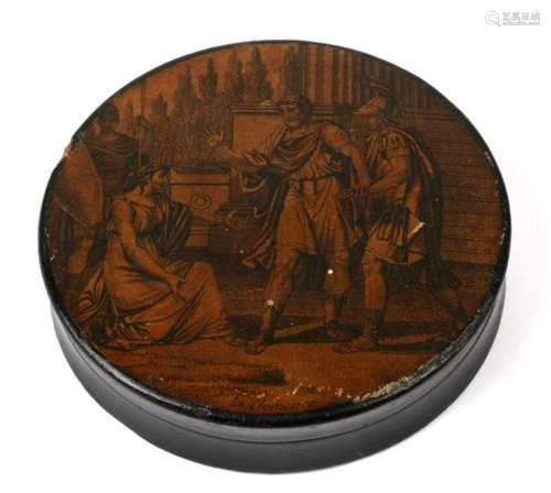 A 19th century circular papier mache snuff box, sepia decorated with a classical image entitled ‘