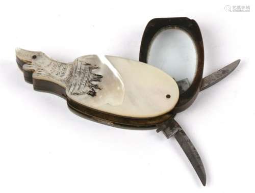 A Victorian novelty mother of pearl and horn folding eyeglass, the handle engraved and carved as a