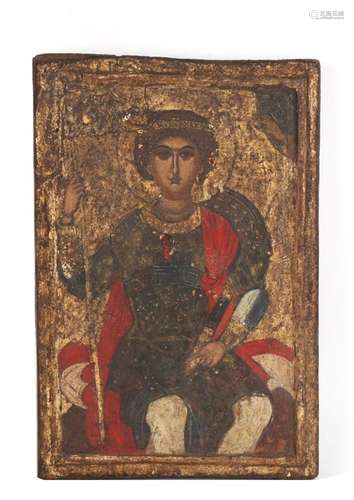 A 17th century Greek orthodox icon believed to depict St Michael. 27.5 by 18.5cm ( 10.75 by 7.25