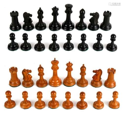 A 19th century four inch ebony and boxwood weighted chess set, probably by FW Ayres, complete with