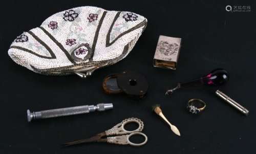 A group of items including a pair of Palais Royal mother of pearl scissors; a silver Art Nouveau